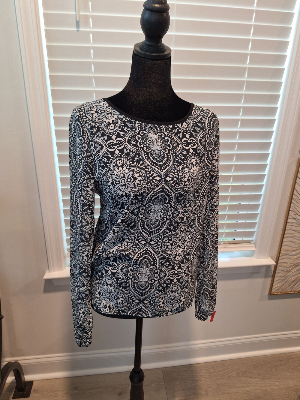 Navy & White Floral Medallion Long Sleeve Top